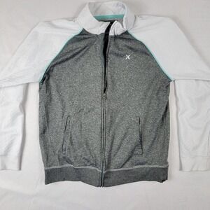 HURLEY Men’s Size L Full Double Zip Striped Hoodie Long Sleeve White/Gray